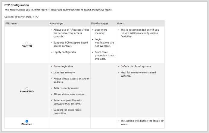 cPanel FTP server selection.