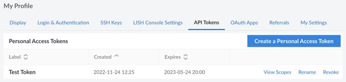 Screenshot of personal access tokens in the Cloud Manager
